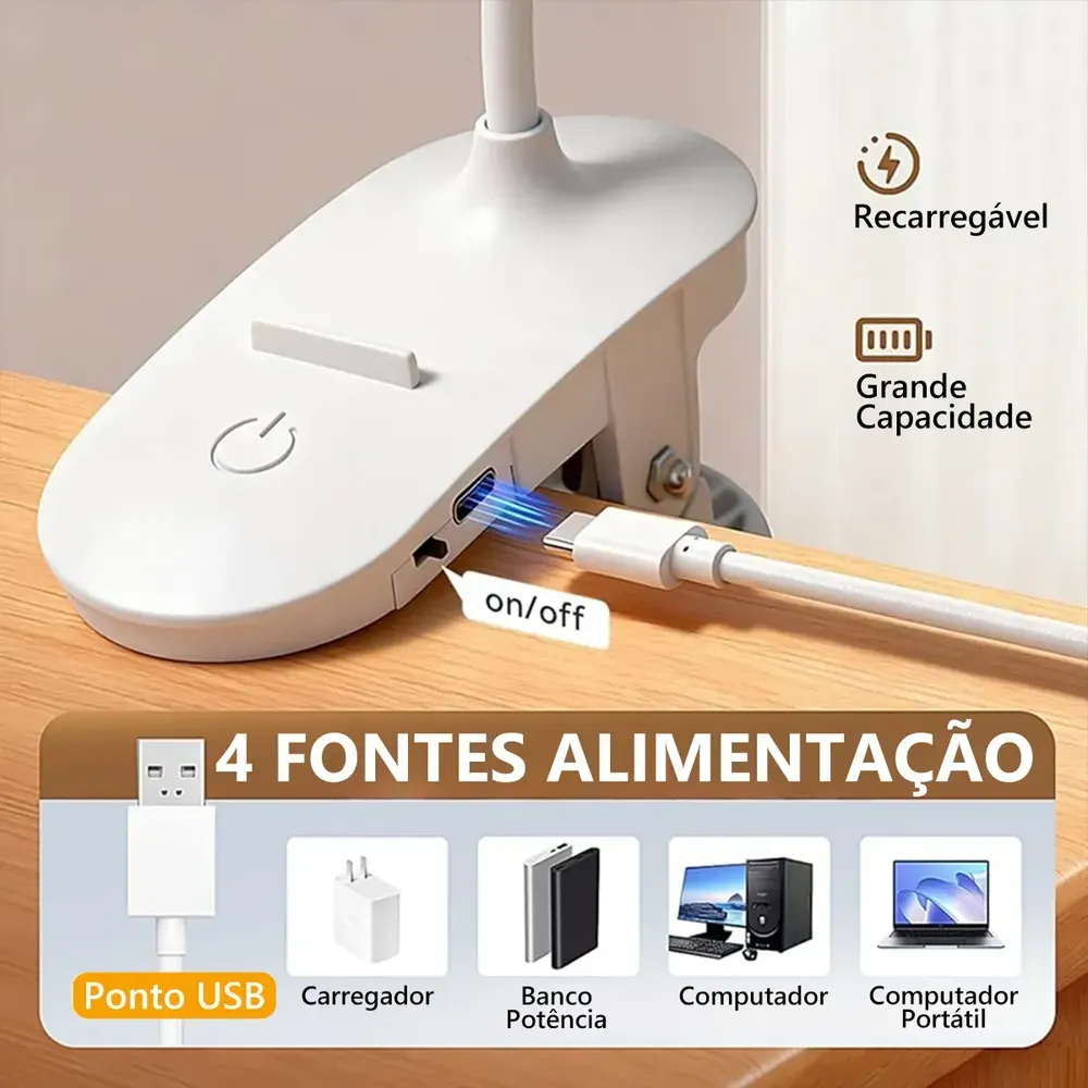 Luminária de mesa LED recarregável USB com haste flexível e clipe