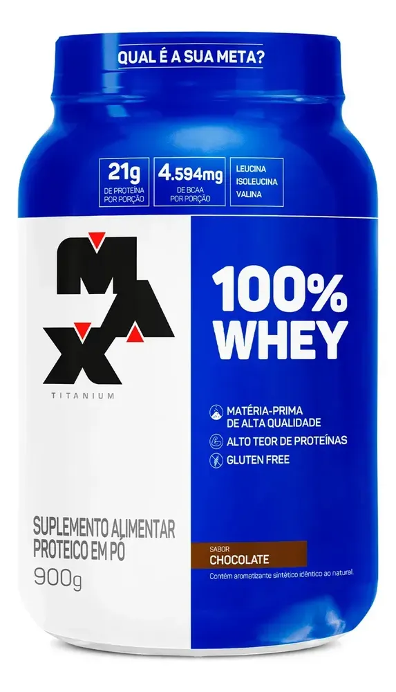 Pote de 100% Whey Protein Max Titanium 900 g sabor baunilha